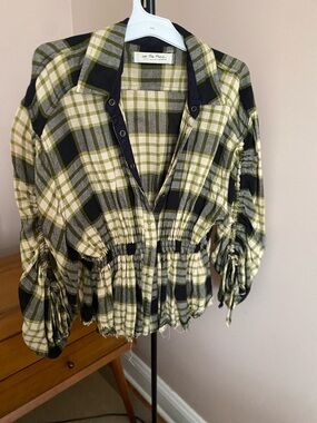 We The Free Pacific Dawn Plaid Olive, Black & Cream Plaid Cinched Waist Shirt XS